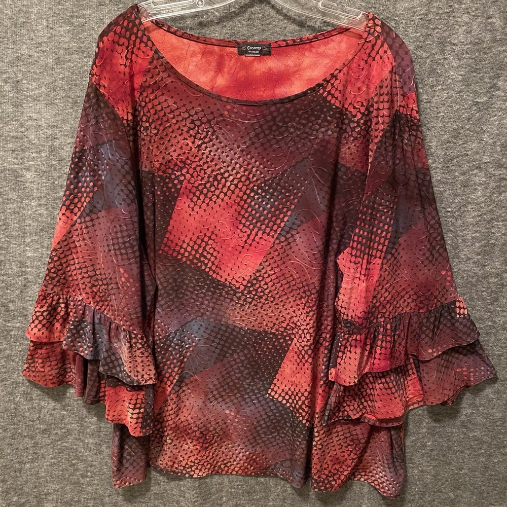 Cocomo Tunic Topā Womens 3X Red Black Dots Textured Stretch Bell Sleeve Blouse